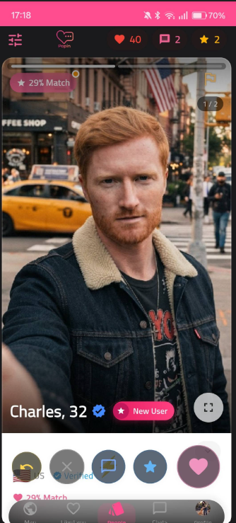 Limerence app screen showing a profile card for Charles, 32, with a 29 percent match score, and the like, verified, message, star and heart action buttons below.